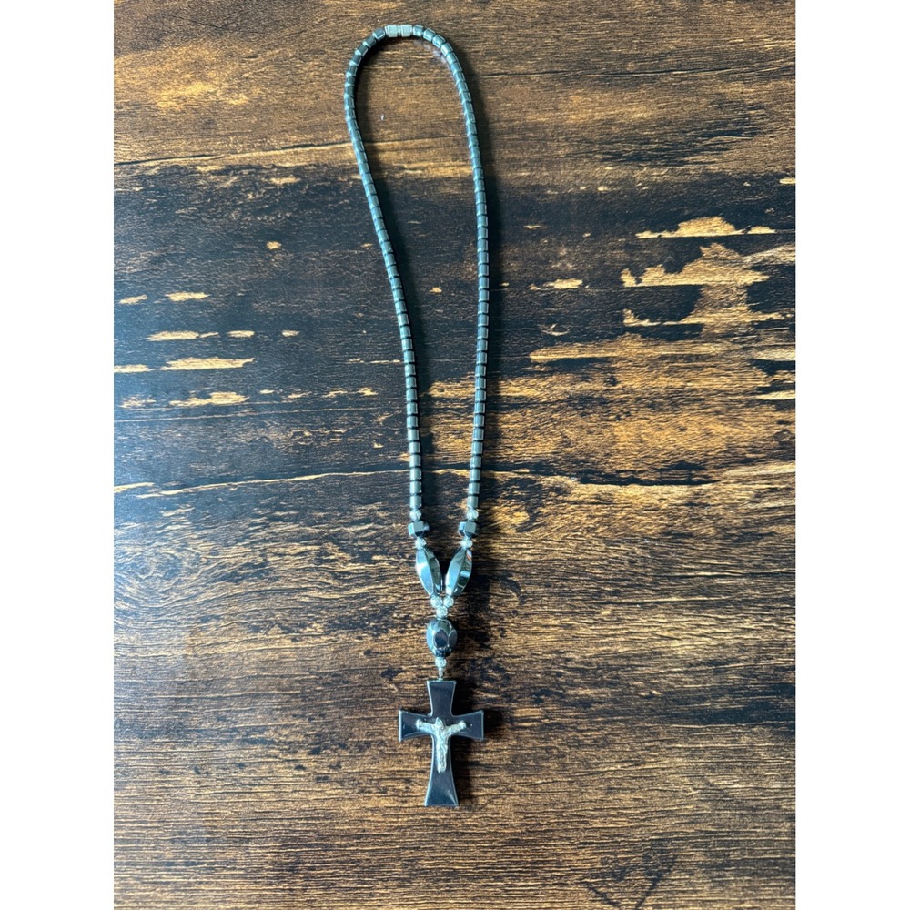 Hematite Beaded Crucifix Necklace Gunmetal Gray Magnetic Clasp Cross Pendant